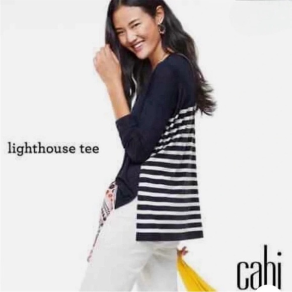 Cabi Oversize Lighthouse Tee Navy White Stripes Nautical Style Size M EEUC - Picture 1 of 9